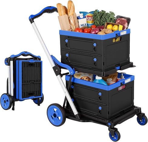 Collapsible Shopping Cart with Wheels: 200 LBS Capacity Blue Grocery Cart with Storage Crate, Platform Hand Truck with Foot Brake in Saudi Arabia