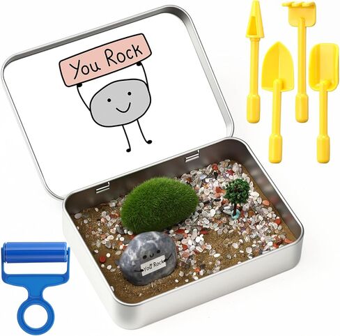 مجموعة حديقة Qunclay Rock Zen - حديقة مكتب زن للقلق مع حجر الراتنج "You Rock"، أحجار كريستال شفاء متعددة الألوان، أدوات صغيرة وصندوق قصدير، ديكور مكتب الإجهاد للموظفين في المكتب والمنزل in Kuwait