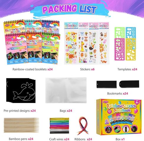 هدايا حفلات Funtopia للأطفال من عمر 4 إلى 8 إلى 12 عامًا، 24 حزمة من دفاتر الملاحظات ذات فن الخدش بألوان قوس قزح، وحشو حقيبة جودي للأطفال، وكتب تلوين لتخزين المواد، وجوائز الفصل الدراسي للطلاب من المعلم in Kuwait