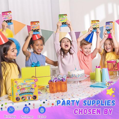 هدايا حفلات Funtopia للأطفال من عمر 4 إلى 8 إلى 12 عامًا، 24 حزمة من دفاتر الملاحظات ذات فن الخدش بألوان قوس قزح، وحشو حقيبة جودي للأطفال، وكتب تلوين لتخزين المواد، وجوائز الفصل الدراسي للطلاب من المعلم in Kuwait
