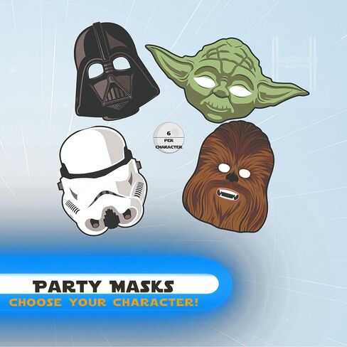 Unique Star Wars Party Supplies | Mega Mask Pack | Officially Licensed | Stormtrooper, Yoda, Vader, & Chewbacca | Galaxy Theme Decorations For Kids Birthdays and Parties - 24 Pack in Kuwait