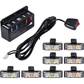 2-LED Emergency Warning Grille Flash Strobe Lights Bar with Clips + Control Box Kit (Amber White, 8 pcs) in Saudi Arabia