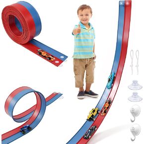 Flexible Race Track for Kids - 15 Ft Starter Set Flex Car Toy Slot Tracks with Suction Cup - Roll Up Racetrack Compatible with Hot Wheels 1/64th Cars - Portable DIY Racing Ramps for Ages 3 up in Saudi Arabia