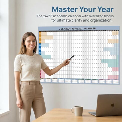 2026-2027 Wall Calendar - 24x36" Large Dry Erase Laminated Monthly Planner, July-June, Boho School Year Calendar for Teachers, Office, Home in Saudi Arabia