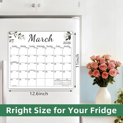 Magnetic 2026 Calendar for Refrigerator, Fridge Magnet Calendar from Dec 2025 to Dec 2026, Aesthetic Family Kitchen Large Paper Calendars with Floral Design, Tear-off Pad for Planners & Organizers (12.6"x11") in Saudi Arabia