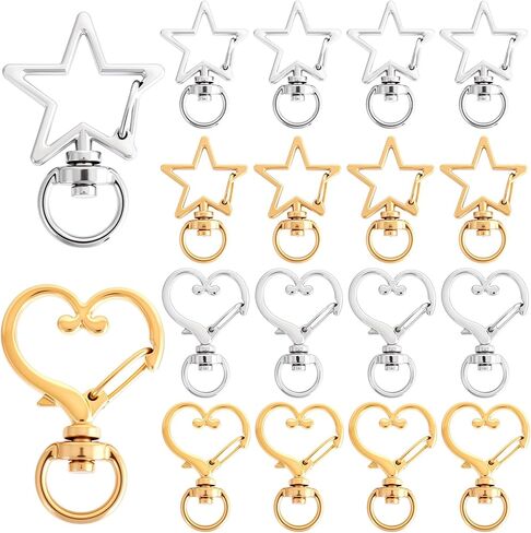 OIIKI 20pcs Star Heart Swivel Keychain Clasp, Zinc Alloy Spring Snap Hook Jewelry Clasps, Heavy Duty Lobster Keyring Clip Bag Accessories for Keychains DIY Crafts- Gold & Silver in Kuwait