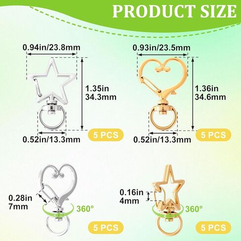 OIIKI 20pcs Star Heart Swivel Keychain Clasp, Zinc Alloy Spring Snap Hook Jewelry Clasps, Heavy Duty Lobster Keyring Clip Bag Accessories for Keychains DIY Crafts- Gold & Silver in Kuwait