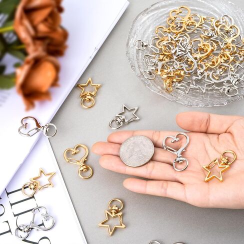 OIIKI 20pcs Star Heart Swivel Keychain Clasp, Zinc Alloy Spring Snap Hook Jewelry Clasps, Heavy Duty Lobster Keyring Clip Bag Accessories for Keychains DIY Crafts- Gold & Silver in Kuwait