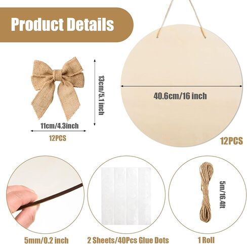 12 Pcs 16 Inch Wood Circles for Crafts Unfinished Round Wood Discs Blank Wooden Rounds Slices Round Wooden Door Hanger Signs with Bows, Twine and Glue Points for DIY Craft Holiday Decor,5 mm Thick in Saudi Arabia