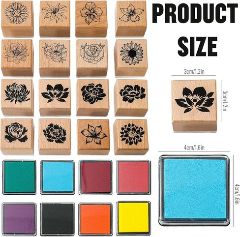JarThenaAMCS 24 Pcs Flower Wooden Rubber Stamps Kit with Ink Pads Spring Floral Pattern DIY Craft Stamps for Spring Party Decor Scrapbooking Cards Making Planner in Kuwait
