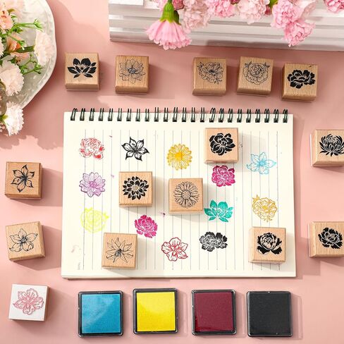 JarThenaAMCS 24 Pcs Flower Wooden Rubber Stamps Kit with Ink Pads Spring Floral Pattern DIY Craft Stamps for Spring Party Decor Scrapbooking Cards Making Planner in Kuwait