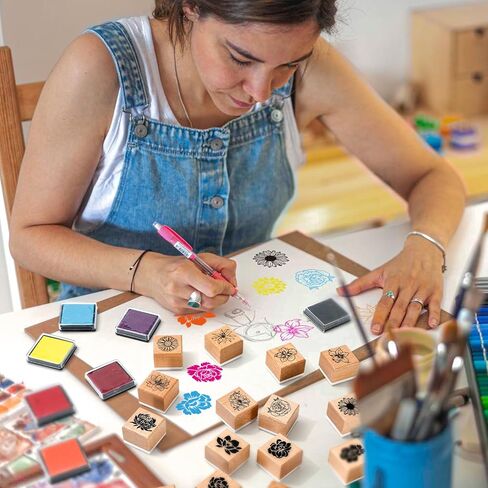 JarThenaAMCS 24 Pcs Flower Wooden Rubber Stamps Kit with Ink Pads Spring Floral Pattern DIY Craft Stamps for Spring Party Decor Scrapbooking Cards Making Planner in Kuwait