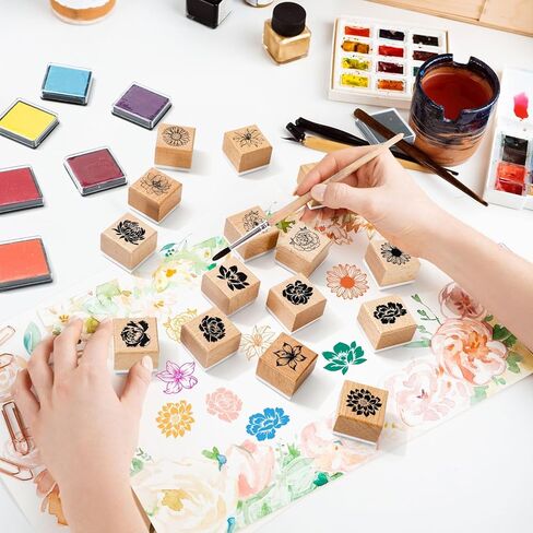 JarThenaAMCS 24 Pcs Flower Wooden Rubber Stamps Kit with Ink Pads Spring Floral Pattern DIY Craft Stamps for Spring Party Decor Scrapbooking Cards Making Planner in Kuwait