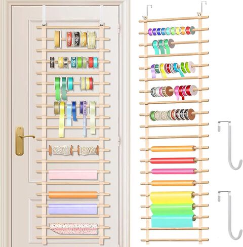 Over The Door Ribbon Organizer ：20 Tier Wood Wrapping Paper Display Rack Large Gift Paper Storage Easy wall Door Mount Multiple Mounted Ribbon Holder Rack Craft Room Roll in Saudi Arabia