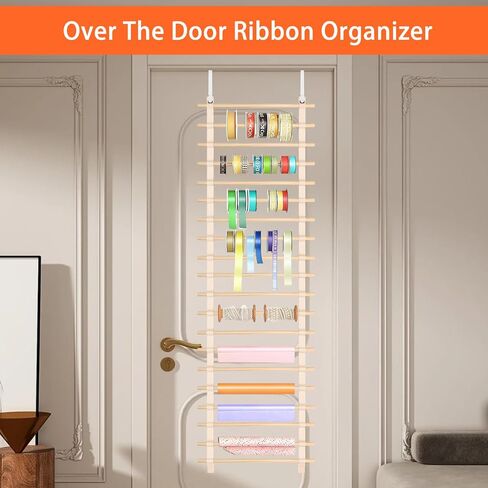 Over The Door Ribbon Organizer ：20 Tier Wood Wrapping Paper Display Rack Large Gift Paper Storage Easy wall Door Mount Multiple Mounted Ribbon Holder Rack Craft Room Roll in Saudi Arabia