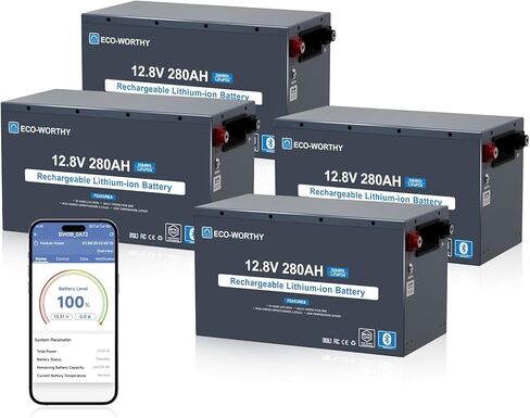 ECO-WORTHY 12V 280Ah 2 Pack LiFePO4 بطارية ليثيوم مع بلوتوث، حماية منخفضة الحرارة، مدمج 200A BMS، طاقة 3584 وات في الساعة. مثالية للاستخدام خارج الشبكة، وRV، والنظام الشمسي، والتخييم، ومقطورة السفر، ونظام النسخ الاحتياطي in Kuwait