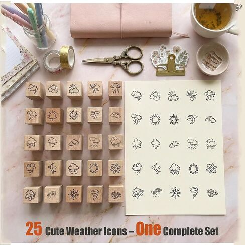 25pcs Weather Wooden Rubber Stamps Kit, Cute Mini Icons for Journaling, Planner, Scrapbook, DIY Cards & Calendar Tracking in Kuwait