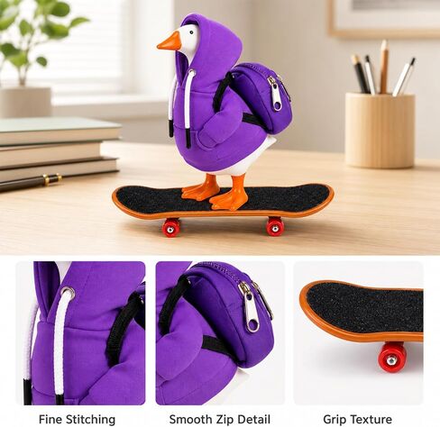 Desk Goose Outfits 7 Inches, 3-Piece Porch Goose Outfits Set with Hoodie, Schoolbag and Mini Finger Skateboards for Tabletop Decor, Desk Goose Clothes for Office Desk and School Gifts (Purple) in Saudi Arabia