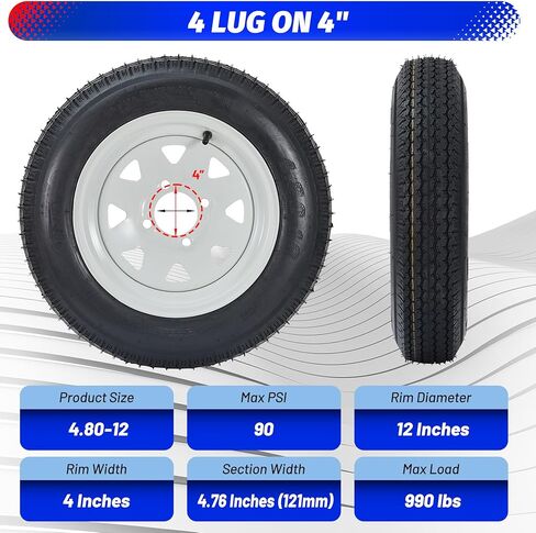4.80-12 4.80x12 480-12 4.80-12 Trailer Tires with 12 in Rims, 4 Lug on 4 in, Load Range C, 6PR (480-12 with 4lug) in Kuwait