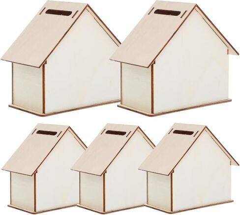 KOMBUDA Kids DIY بنك أصبع خشبي غير مكتمل مقاس 4.13 × 3.93 × 2.16 بوصة على شكل منزل حاوية تغيير العملات المعدنية للأطفال لتوفير رسومات الشعار المبتكرة والإبداعية in Kuwait