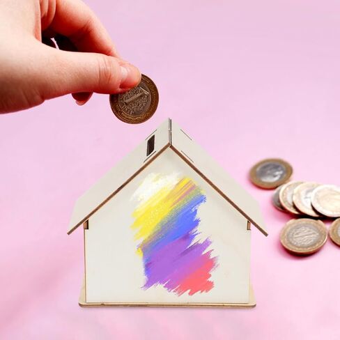 KOMBUDA Kids DIY بنك أصبع خشبي غير مكتمل مقاس 4.13 × 3.93 × 2.16 بوصة على شكل منزل حاوية تغيير العملات المعدنية للأطفال لتوفير رسومات الشعار المبتكرة والإبداعية in Kuwait