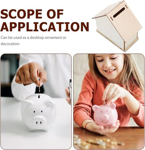 KOMBUDA Kids DIY بنك أصبع خشبي غير مكتمل مقاس 4.13 × 3.93 × 2.16 بوصة على شكل منزل حاوية تغيير العملات المعدنية للأطفال لتوفير رسومات الشعار المبتكرة والإبداعية in Kuwait