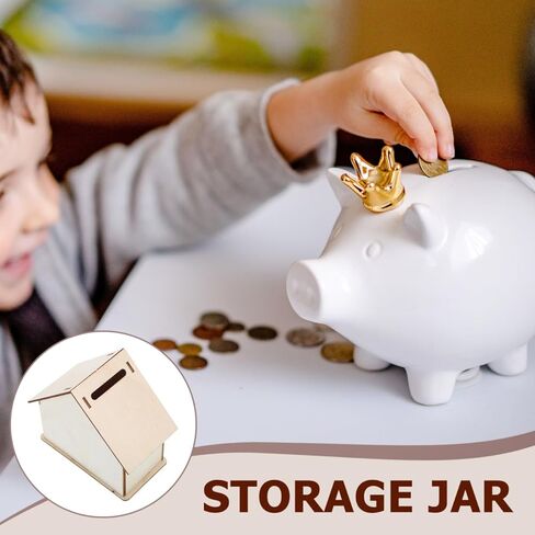 KOMBUDA Kids DIY بنك أصبع خشبي غير مكتمل مقاس 4.13 × 3.93 × 2.16 بوصة على شكل منزل حاوية تغيير العملات المعدنية للأطفال لتوفير رسومات الشعار المبتكرة والإبداعية in Kuwait