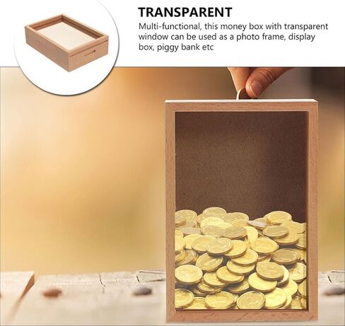 Operitacx Photo Frame Piggy Bank Money Box, Wooden Decorative Coin Savings Box with Transparent Front Panel for Home, Office & Study Desk Goal Savings & Gift Use, 5.31 x 3.93 x 1.77 Inch in Kuwait
