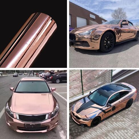 XhuangTech Rose Gold Chrome Vinyl Wrap, Self Adhesive Chrome Mirror Vinyl Car Wrap Film，Car Body Wrapping Foil Car Sticker (59.84"x11.81"（152x30CM) in Kuwait