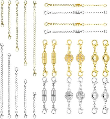 Magnetic Necklace Clasps and Closures with Extender Chain Set, Magnetic Necklace Clasp & Extender Chain Set, Easy to Use for Necklaces and Bracelets, Gold and Silver (26pcs) in Kuwait