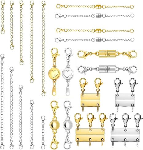 Magnetic Necklace Clasps and Closures with Extender Chain Set, Magnetic Necklace Clasp & Extender Chain Set, Easy to Use for Necklaces and Bracelets, Gold and Silver (26pcs) in Saudi Arabia