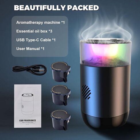 Smart Car Diffuser for Essential Oil with Smart Spray Modes (3 Settings) & Essential Oil Monitor, USB-C Rechargeable, Auto On/Off,Long Lasting (3 Scents Refills) Car Scent with 4 Ambient Light in Saudi Arabia