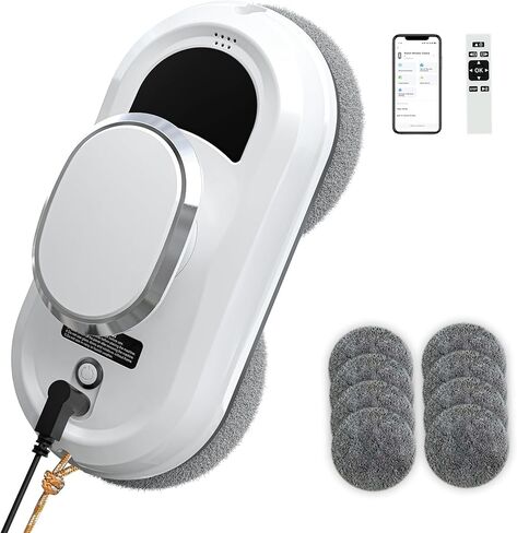 Automatic Window Cleaning Robot,Smart Robot Window Cleaner Inside/Outside,3000Pa Suction,Edge Detection,Intelligent Path Planning,Remote Control for high Glass,Shower,Mirror with 10 Rags(White) in Kuwait