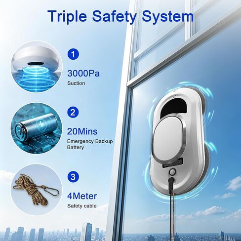 Automatic Window Cleaning Robot,Smart Robot Window Cleaner Inside/Outside,3000Pa Suction,Edge Detection,Intelligent Path Planning,Remote Control for high Glass,Shower,Mirror with 10 Rags(White) in Kuwait