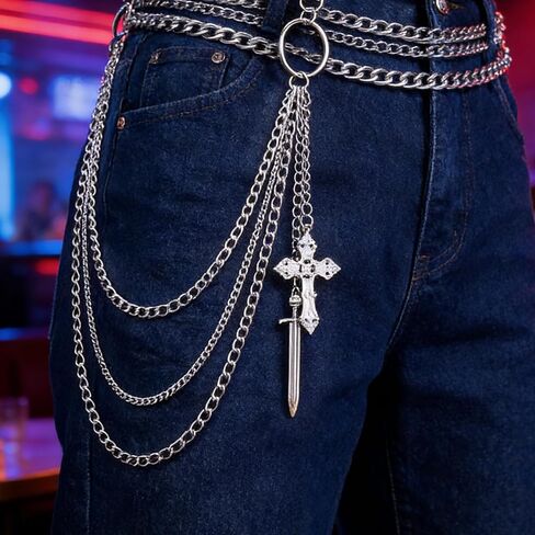 Wallet Chain Jean Chains for Men Women, Silver Cross Pants Chain Jean Accessory, Metal Pocket Jewelry for Denim, Punk Style, 1PCS in Kuwait