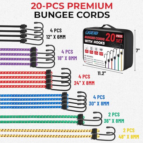 20Pcs Heavy Duty Bungee Cords with Hooks - 12"18"24"30"36"48 " - Premium Elastic Tie Down Straps for Truck, RV, Camping, Cargo & Canopy Securing (12" 18" 24" 30" 36" 48") in Saudi Arabia