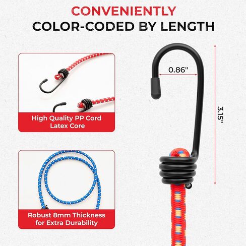 20Pcs Heavy Duty Bungee Cords with Hooks - 12"18"24"30"36"48 " - Premium Elastic Tie Down Straps for Truck, RV, Camping, Cargo & Canopy Securing (12" 18" 24" 30" 36" 48") in Saudi Arabia