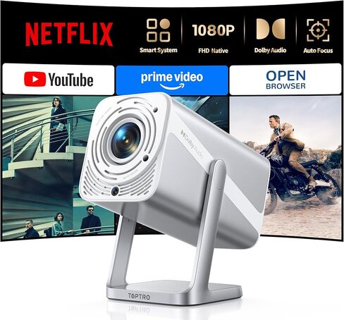Smart Projector [Built-in Apps/4K Support/2026 Upgraded] with WiFi and Bluetooth, Native 1080P Outdoor Movie Projector, Auto Focus, Dolby Audio, TOPTRO Mini Portable Proyector w/ YouTube/Prime Video in Saudi Arabia