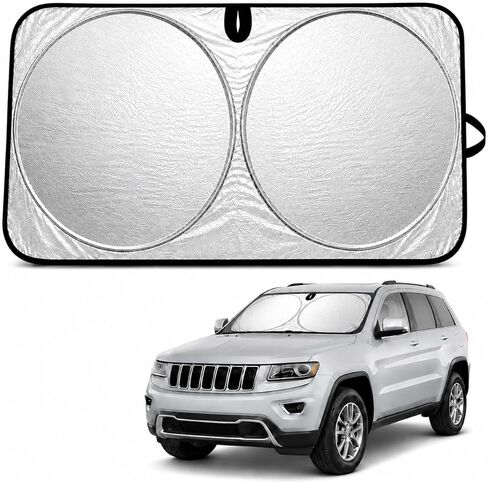 Car Windshield Sun Shade, Helps Keep Your Car Cooler, Blocks Heat & UV Rays, 64 x 32 in Front Windshield Sunshade with Mirror Opening, Thickened 240T Reflective Fabric, Fits SUVs Trucks in Kuwait