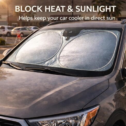 Car Windshield Sun Shade, Helps Keep Your Car Cooler, Blocks Heat & UV Rays, 64 x 32 in Front Windshield Sunshade with Mirror Opening, Thickened 240T Reflective Fabric, Fits SUVs Trucks in Kuwait