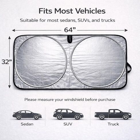 Car Windshield Sun Shade, Helps Keep Your Car Cooler, Blocks Heat & UV Rays, 64 x 32 in Front Windshield Sunshade with Mirror Opening, Thickened 240T Reflective Fabric, Fits SUVs Trucks in Kuwait