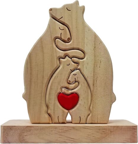 Personalized Wooden Bears Family Puzzle with Heart Decorations, Blank Bear Sculptures with Base for Home Decor, Housewarming Birthday Gift for Parents (4 Bears) in Saudi Arabia