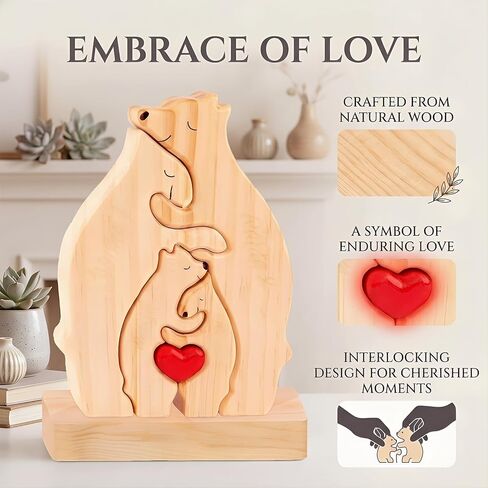 Personalized Wooden Bears Family Puzzle with Heart Decorations, Blank Bear Sculptures with Base for Home Decor, Housewarming Birthday Gift for Parents (4 Bears) in Saudi Arabia