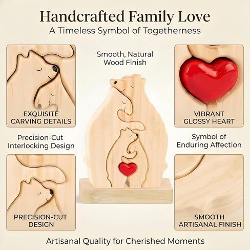Personalized Wooden Bears Family Puzzle with Heart Decorations, Blank Bear Sculptures with Base for Home Decor, Housewarming Birthday Gift for Parents (4 Bears) in Saudi Arabia