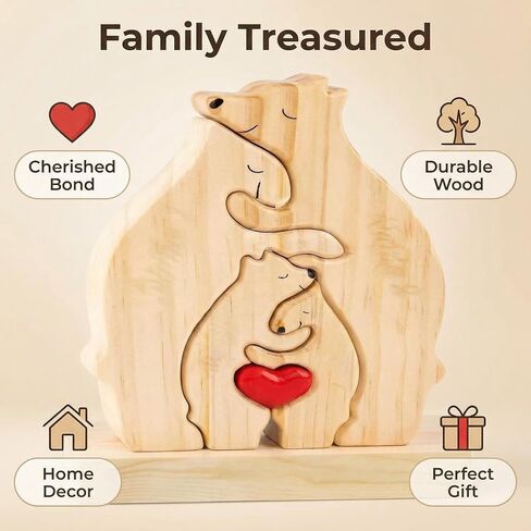 Personalized Wooden Bears Family Puzzle with Heart Decorations, Blank Bear Sculptures with Base for Home Decor, Housewarming Birthday Gift for Parents (4 Bears) in Saudi Arabia