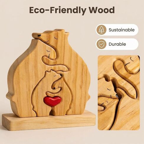 Personalized Wooden Bears Family Puzzle with Heart Decorations, Blank Bear Sculptures with Base for Home Decor, Housewarming Birthday Gift for Parents (4 Bears) in Saudi Arabia