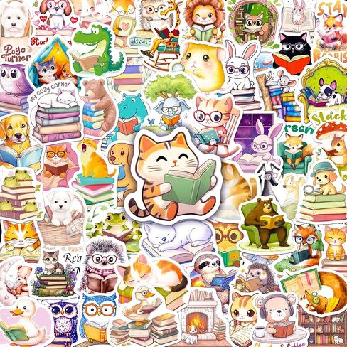 200 Pcs Animal Bookish Stickers, 100 Unique Designs Animal Reading Sticker Pack for Journals, Laptops, Library Decor, Waterproof Vinyl Decals, Gifts for Book Lovers in Saudi Arabia