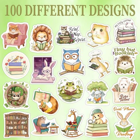 200 Pcs Animal Bookish Stickers, 100 Unique Designs Animal Reading Sticker Pack for Journals, Laptops, Library Decor, Waterproof Vinyl Decals, Gifts for Book Lovers in Saudi Arabia