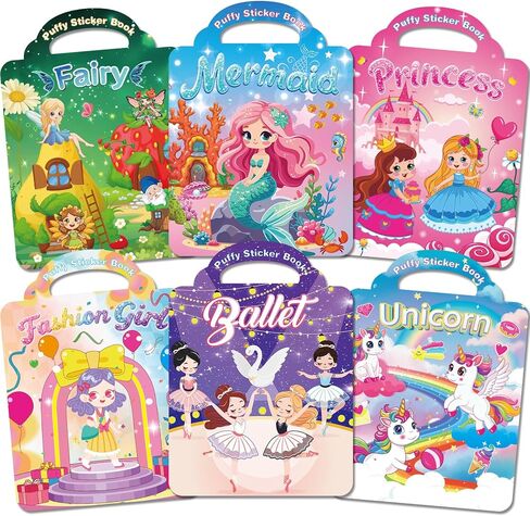 Kalysky 6 Set Puffy Reusable Sticker Books for Kids 2-4,3D Sticker Books for Toddlers 1-3,Travel Activity Books 6 Themes Princess+Unicorn+Mermaid+Ballet+Fairy+Fashion Girl Stickers for Girls in Kuwait