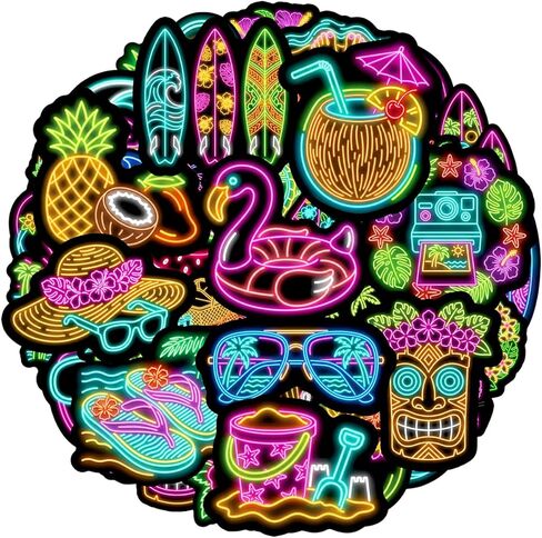 100 Pcs Summer Neon Waterproof Vinyl Stickers for Water Bottle, Cool Luau Tropical Hawaiian Beach Party Favors for Kids in Kuwait